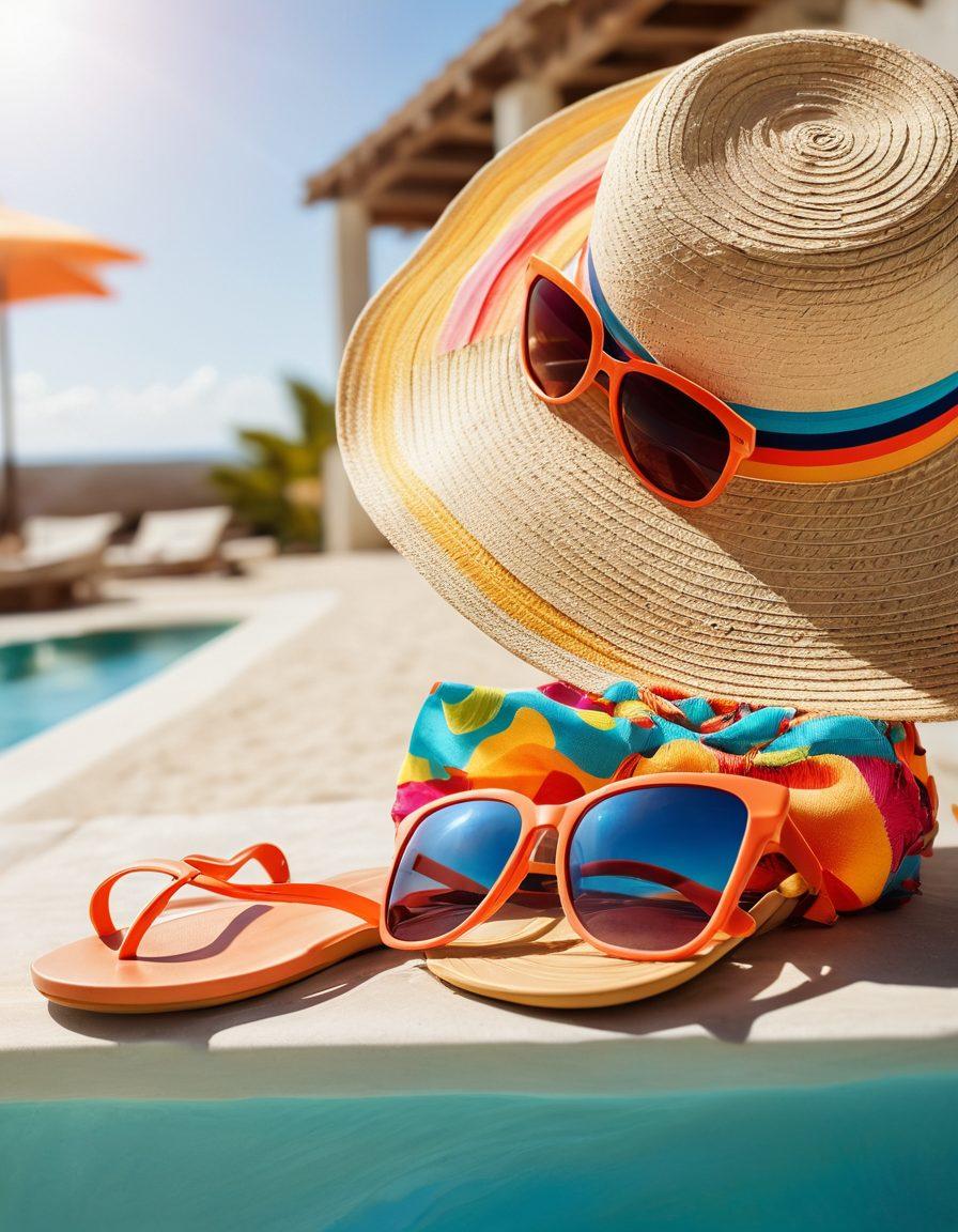 A chic beach scene featuring a stylish beach attire wardrobe displayed on a vibrant poolside. Include a sunlit beach with soft waves in the background, elegant sunglasses, and colorful beach accessories like a sunhat and flip-flops. The image should evoke a sense of luxury and relaxation, capturing the essence of summer fashion. High definition, bright colors, stylish summer vibe.
